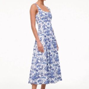 STAUD Blue and White Pleated Midi Sundress